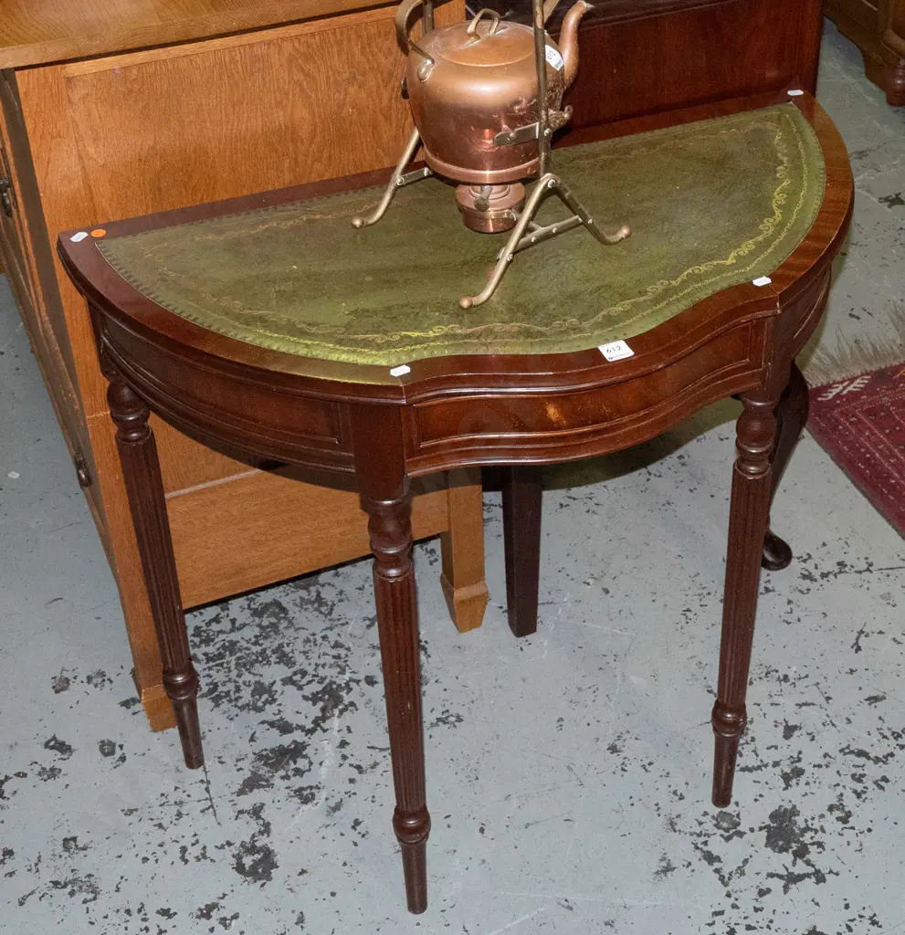 walnut half-round hall table with shaped frieze drawer, tooled leather inset top, on turned fluted legs - minor wear to Image 1++