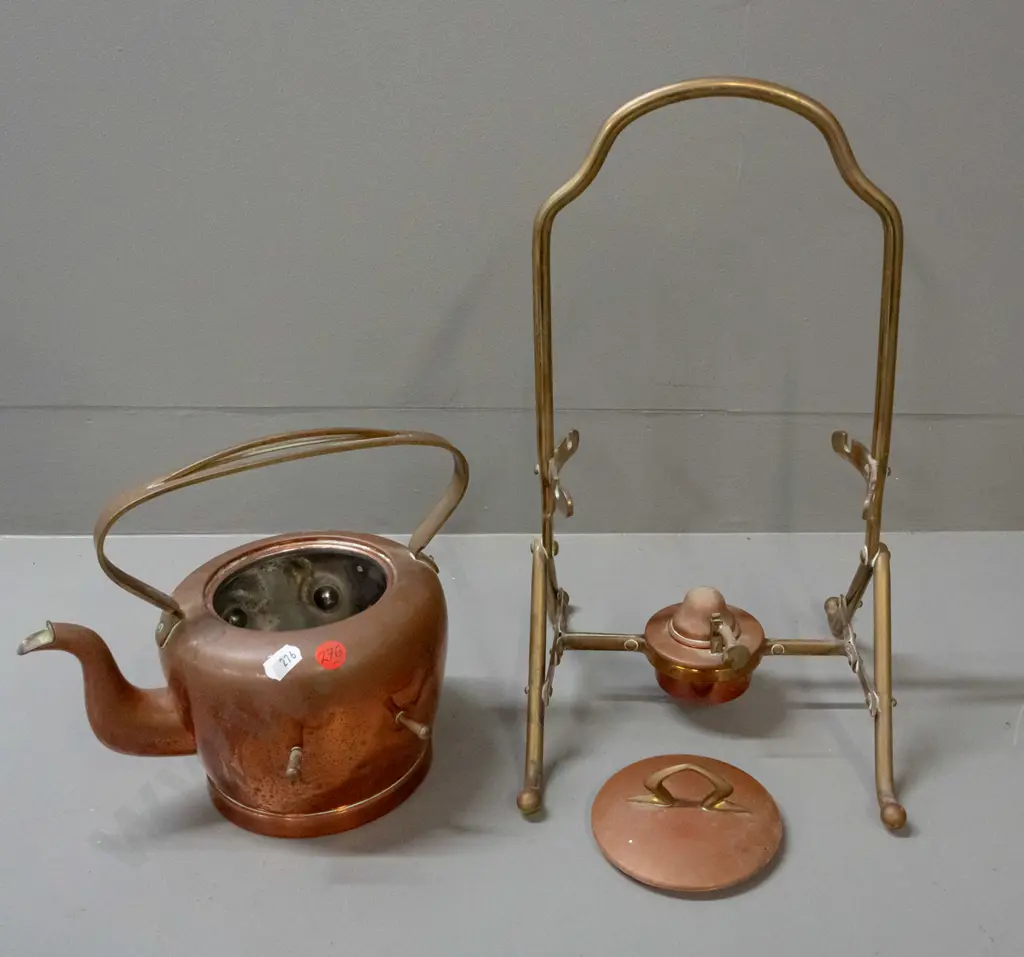 vintage German arts & crafts style copper-plated spirit kettle w/ brass handles and stand, marked GBN 1 1/2 L on base, Image 1++