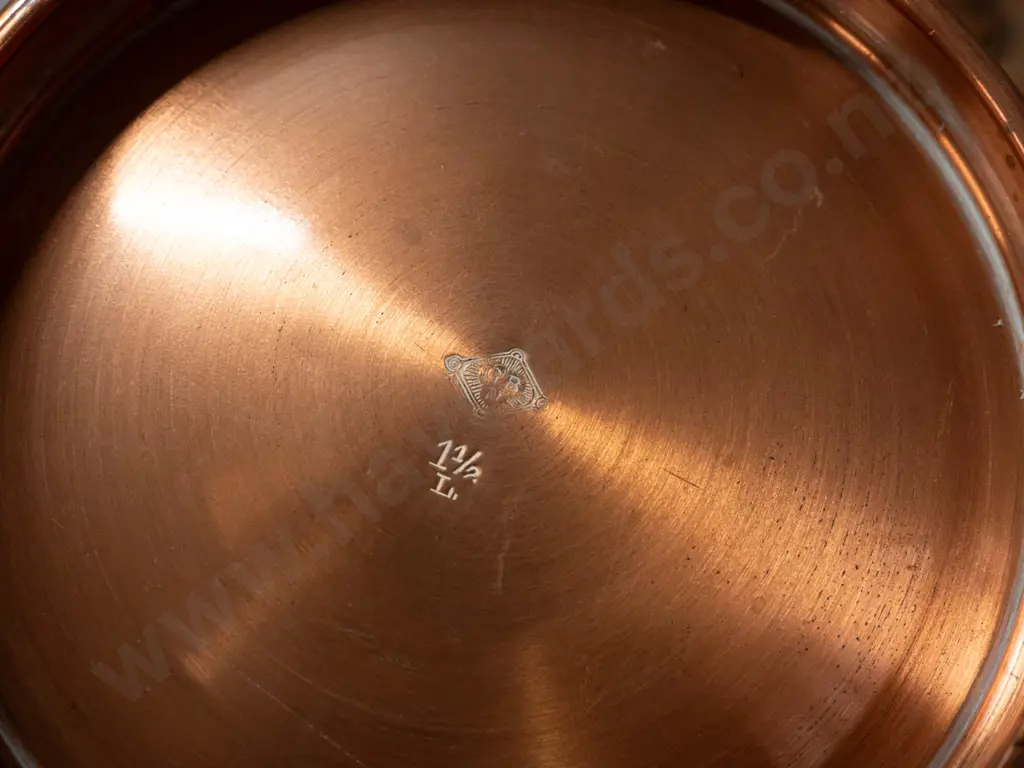 vintage German arts & crafts style copper-plated spirit kettle w/ brass handles and stand, marked GBN 1 1/2 L on base, Image 1++