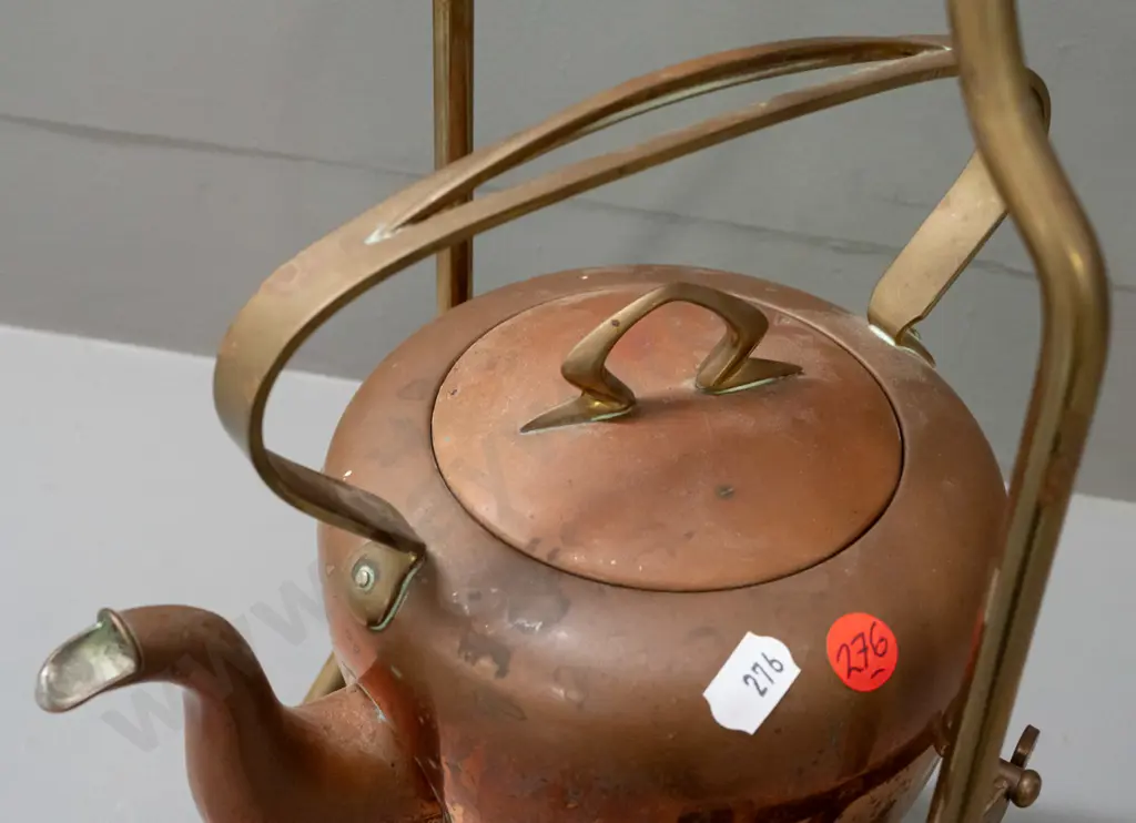 vintage German arts & crafts style copper-plated spirit kettle w/ brass handles and stand, marked GBN 1 1/2 L on base, Image 1++