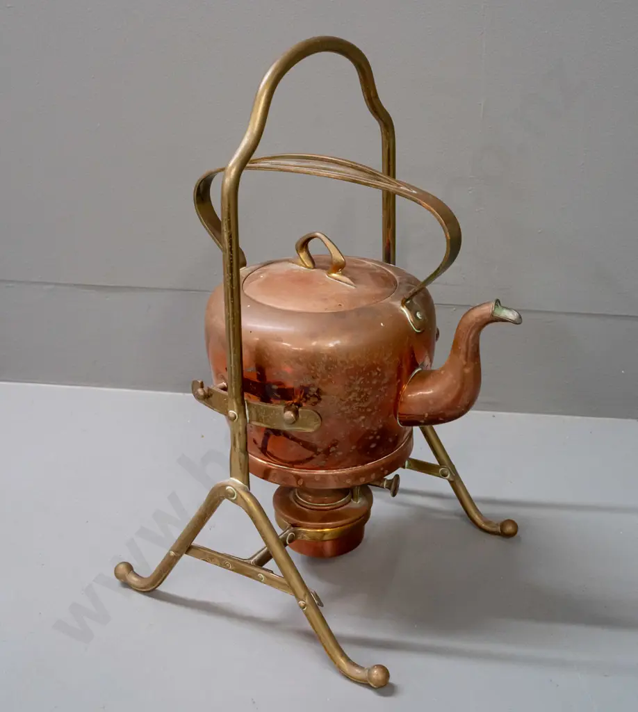 vintage German arts & crafts style copper-plated spirit kettle w/ brass handles and stand, marked GBN 1 1/2 L on base, Image 1++