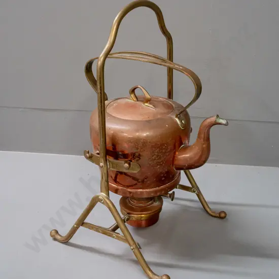 vintage German arts & crafts style copper-plated spirit kettle w/ brass handles and stand, marked GBN 1 1/2 L on base,