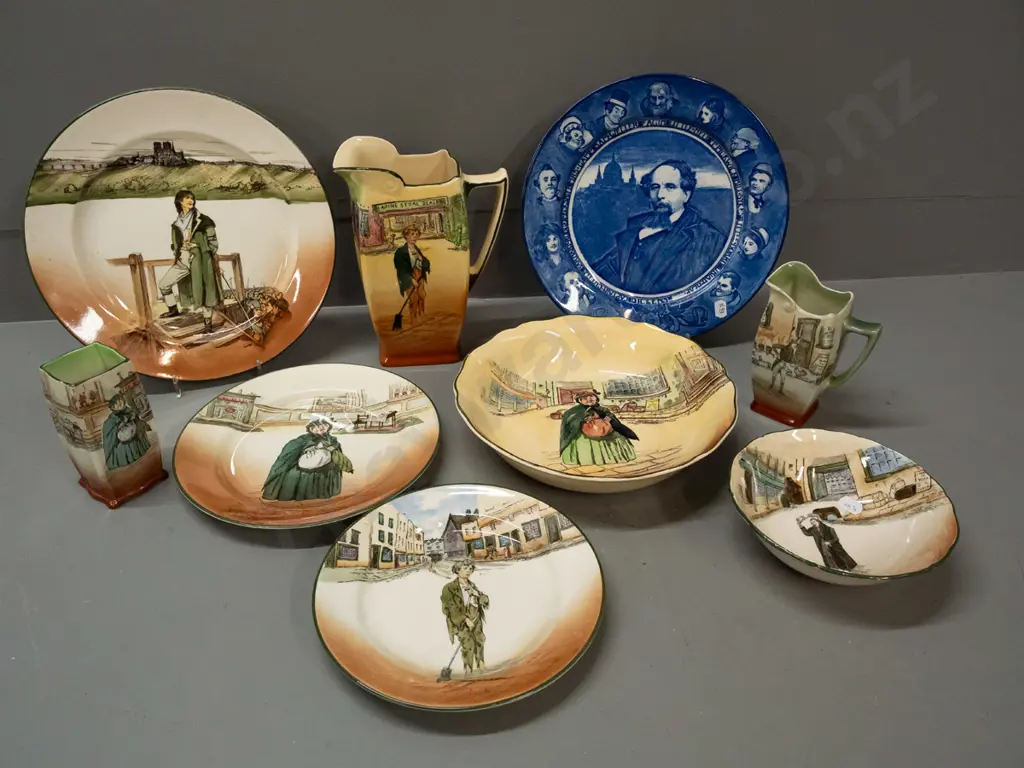 9 pieces Royal Doulton Dickens Ware: large and small bowls, 4 plates, 2 jugs, vase - Poor Jo, Sarey Gamp, cobalt blue Image 1++