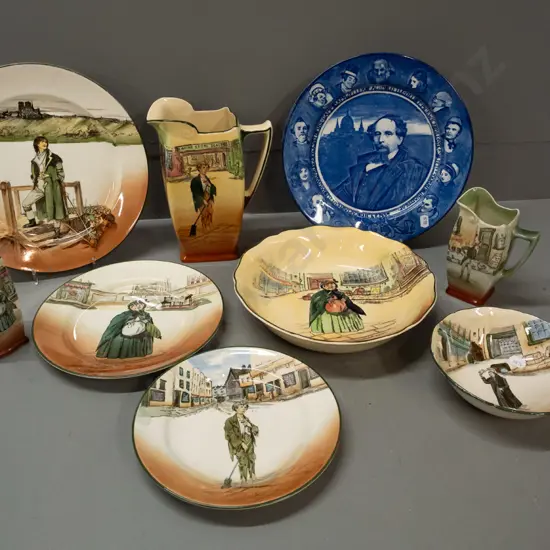 9 pieces Royal Doulton Dickens Ware: large and small bowls, 4 plates, 2 jugs, vase - Poor Jo, Sarey Gamp, cobalt blue