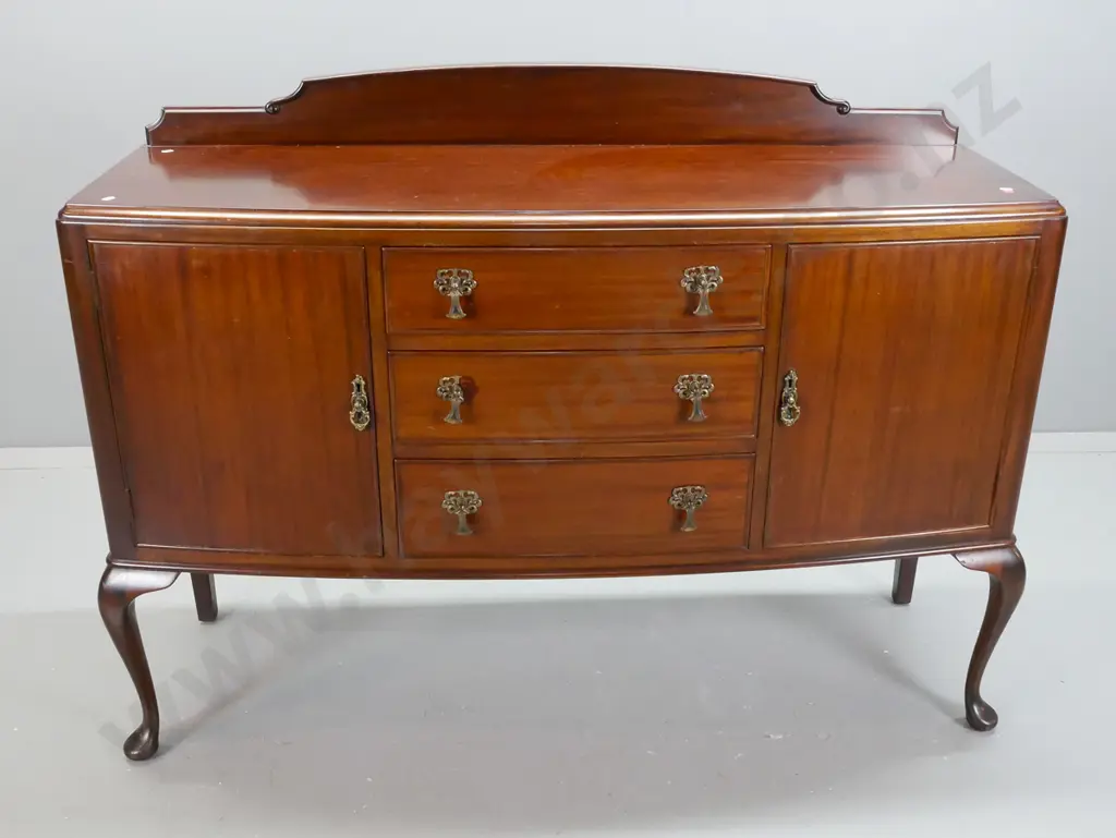 circa 1940s NZ made mahogany and rimu bow front buffet sideboard - 3 drawers, top drawer fitted and lined, Image 1++