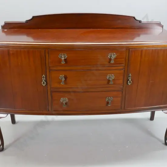 circa 1940s NZ made mahogany and rimu bow front buffet sideboard - 3 drawers, top drawer fitted and lined,