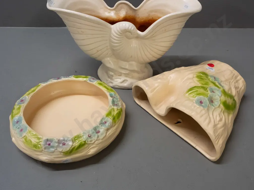 3 NZ pottery vases - Royal Oak float bowl with .540. mark and label and tree trunk wall pocket with .544. mark, and a Image 1++