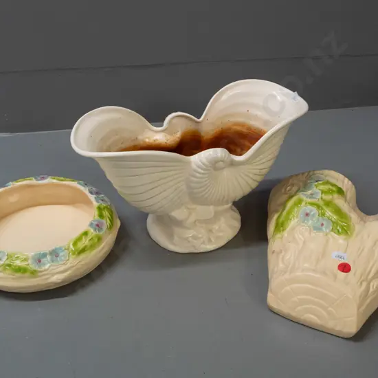 3 NZ pottery vases - Royal Oak float bowl with .540. mark and label and tree trunk wall pocket with .544. mark, and a