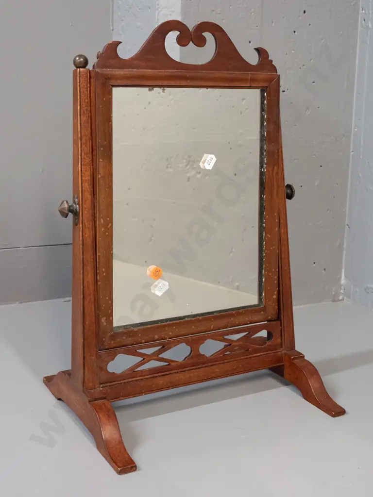 early Victorian small freestanding dressing table mirror with brass adjustment knobs and ball finials, some desilvering Image 1++