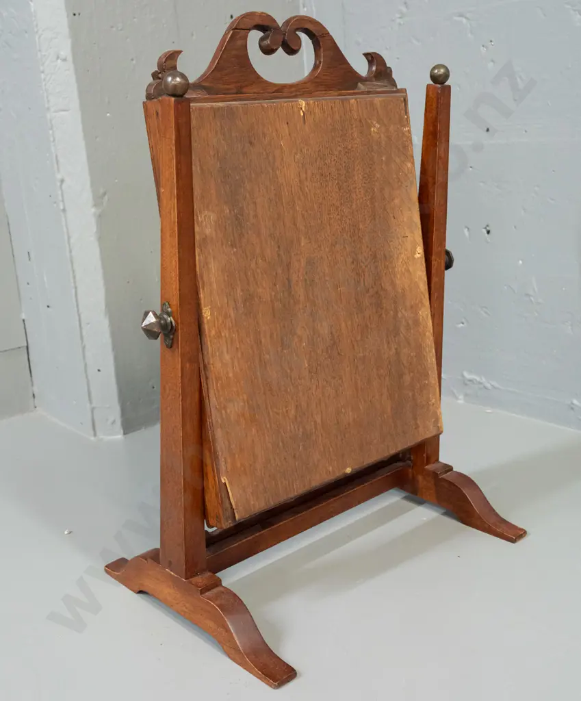 early Victorian small freestanding dressing table mirror with brass adjustment knobs and ball finials, some desilvering Image 1++