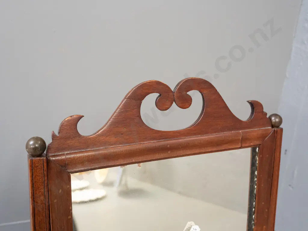 early Victorian small freestanding dressing table mirror with brass adjustment knobs and ball finials, some desilvering Image 1++