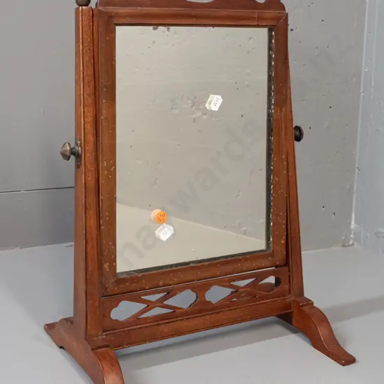 early Victorian small freestanding dressing table mirror with brass adjustment knobs and ball finials, some desilvering