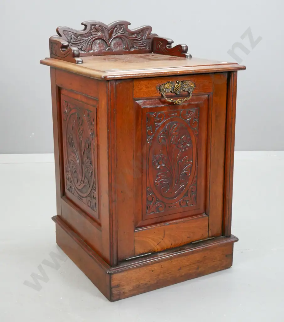 Victorian walnut pull out coal scuttle, with shaped foliate gallery & carved foliate panels to sides & front, Image 1++