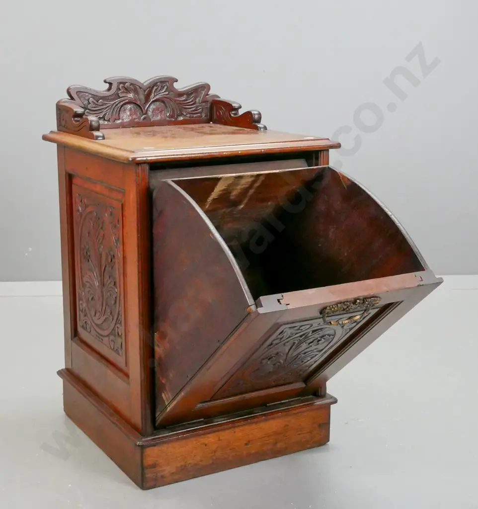 Victorian walnut pull out coal scuttle, with shaped foliate gallery & carved foliate panels to sides & front, Image 1++