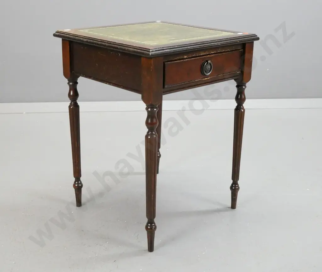 walnut small side table with tooled leather inset top, on turned fluted legs, single drawer with drop handle - some Image 1++