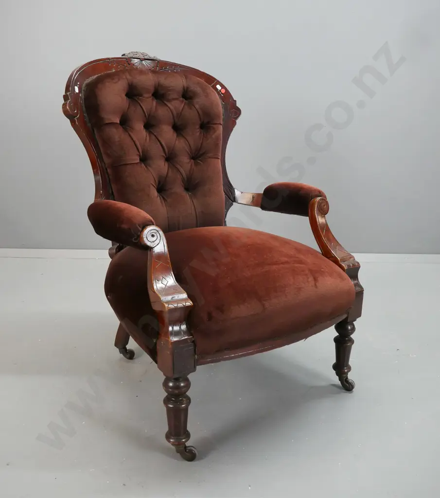 Edwardian walnut and beech open-armed gent's chair w/ brown velvet deep button back, turned front legs, porcelain Image 1++