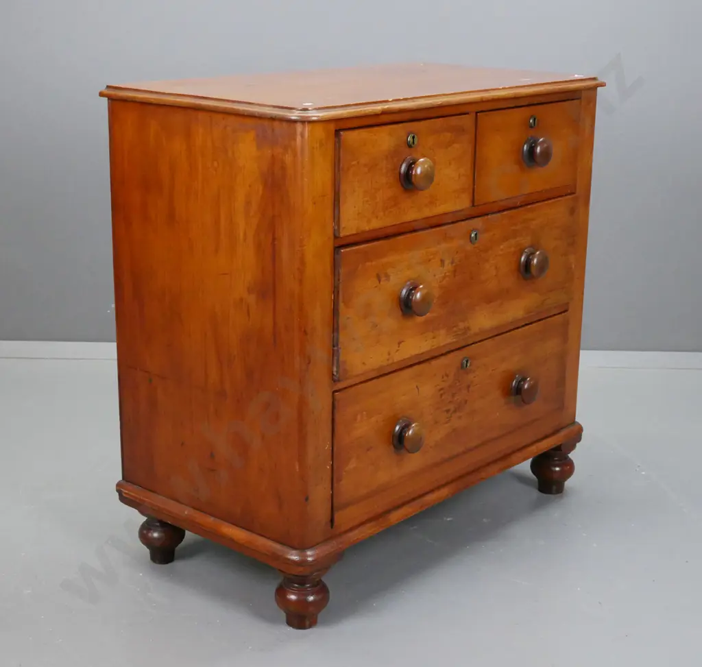 Early colonial kauri 4 drawer round corner chest on bun feet, circular brass escutcheons, draws run well Image 1++