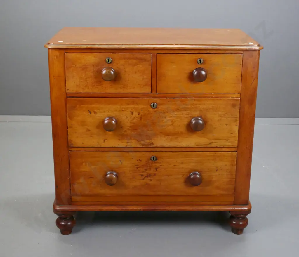 Early colonial kauri 4 drawer round corner chest on bun feet, circular brass escutcheons, draws run well Image 1++