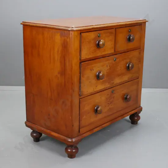 Early colonial kauri 4 drawer round corner chest on bun feet, circular brass escutcheons, draws run well