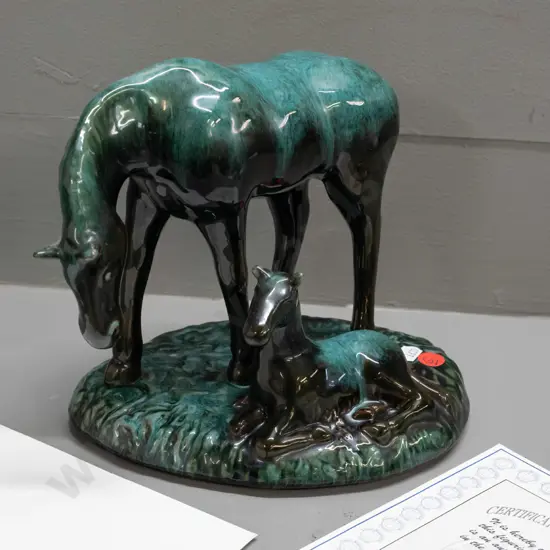 Blue Mountain pottery ltd. edition Romar series figurines with certificate: "The Derby" mare and foal H-200 L-220