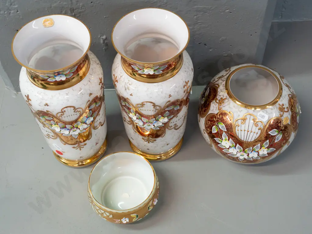 4 pieces of Bohemian glass, 3 in matching gilt and enamel over white, smaller bowl in light green over white - tall pair Image 1++