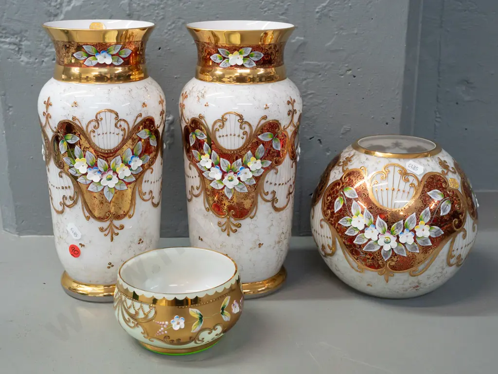 4 pieces of Bohemian glass, 3 in matching gilt and enamel over white, smaller bowl in light green over white - tall pair Image 1++