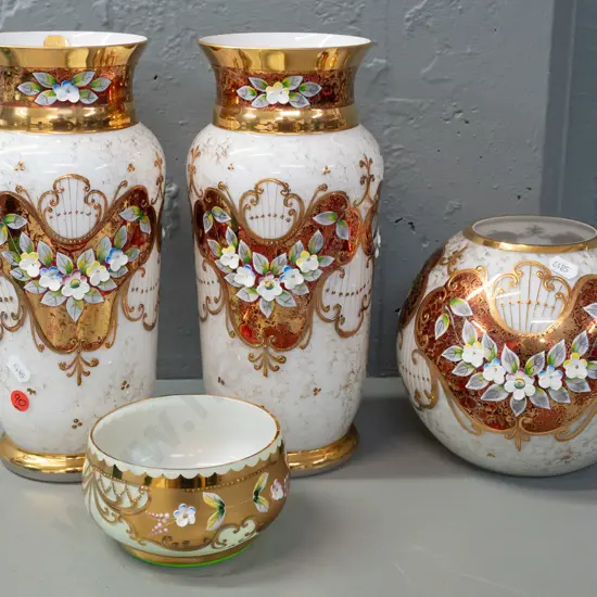 4 pieces of Bohemian glass, 3 in matching gilt and enamel over white, smaller bowl in light green over white - tall pair
