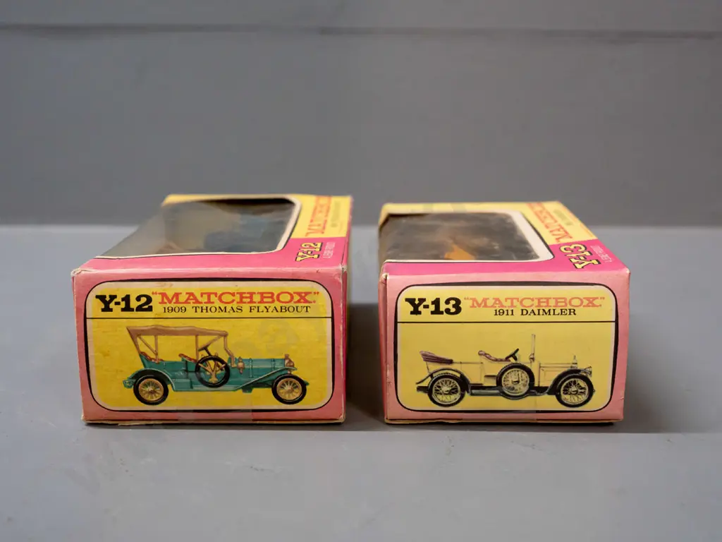 2 Lesney Matchbox Models of Yesteryear in original boxes - models Y-12 1909 Thomas Flyabout and Y-13 1911 Daimler, back Image 1++