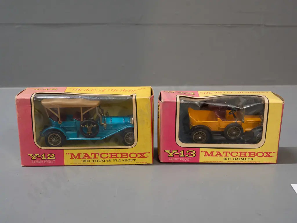 2 Lesney Matchbox Models of Yesteryear in original boxes - models Y-12 1909 Thomas Flyabout and Y-13 1911 Daimler, back Image 1++