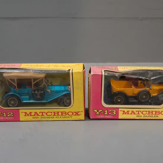 2 Lesney Matchbox Models of Yesteryear in original boxes - models Y-12 1909 Thomas Flyabout and Y-13 1911 Daimler, back