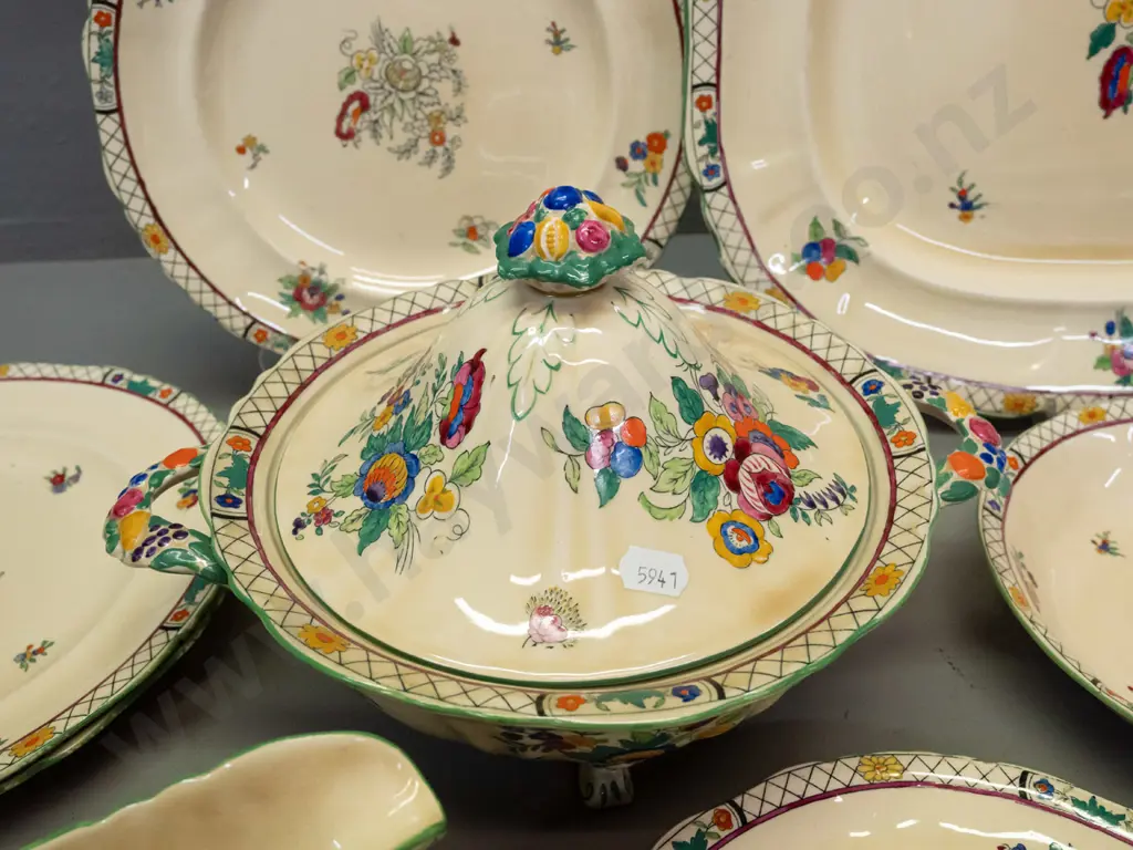 vintage Masons ironstone table ware - cream with pink and green floral: ashett, lidded vegetable dish, 8 assorted plates Image 1++