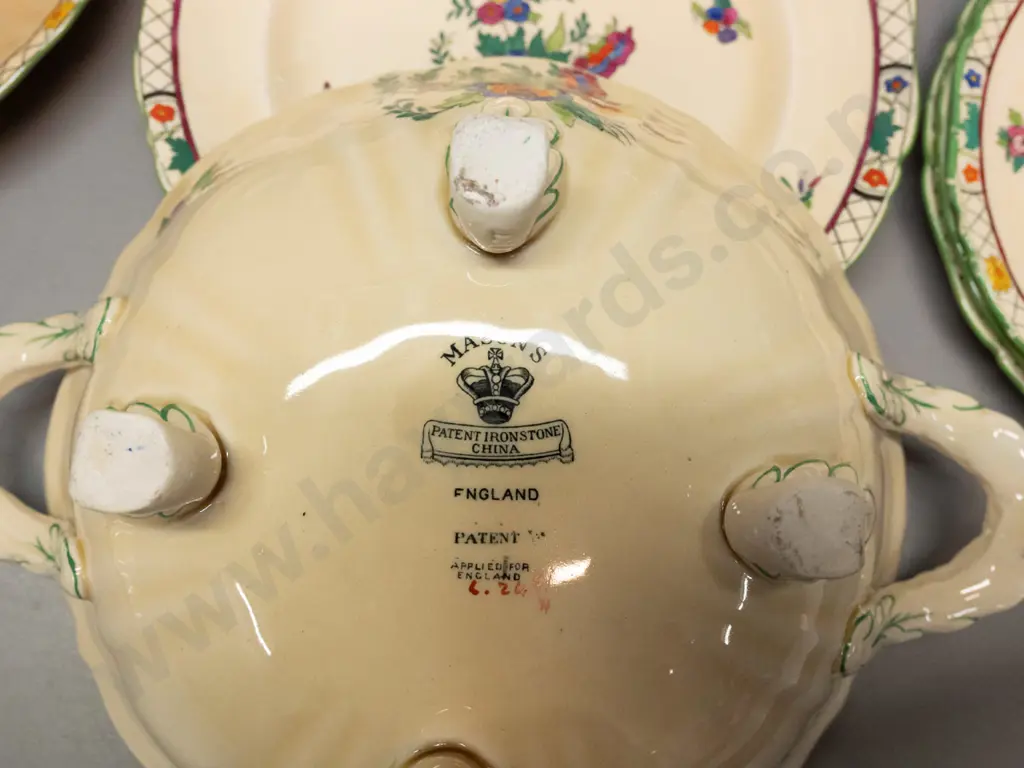 vintage Masons ironstone table ware - cream with pink and green floral: ashett, lidded vegetable dish, 8 assorted plates Image 1++