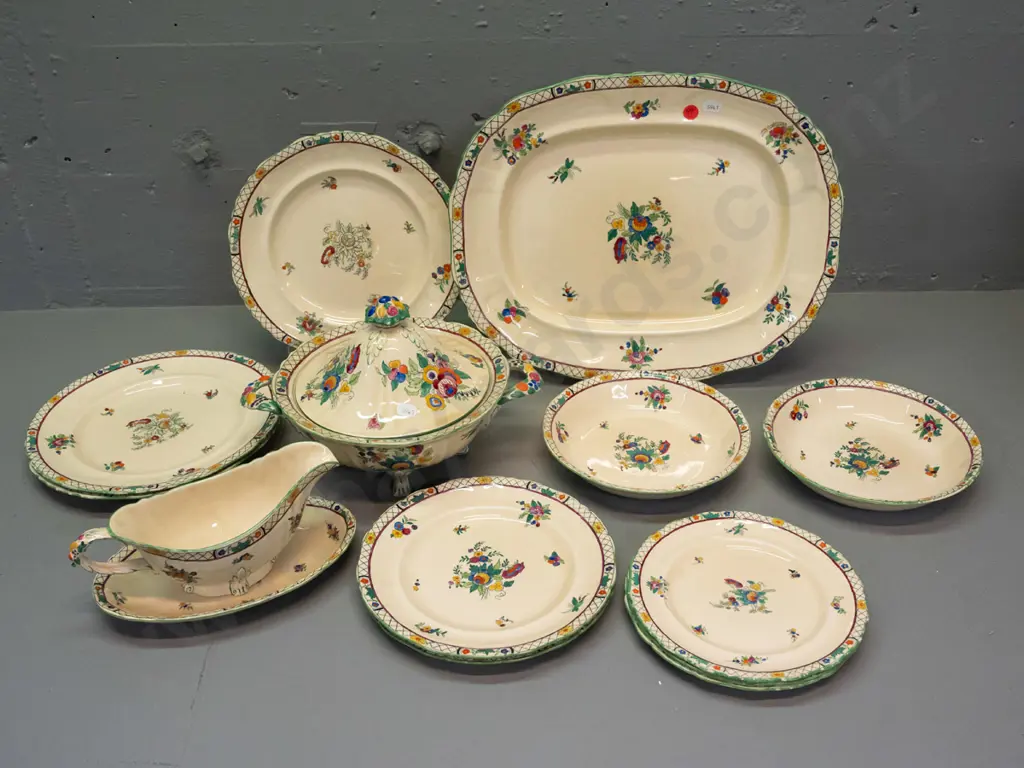 vintage Masons ironstone table ware - cream with pink and green floral: ashett, lidded vegetable dish, 8 assorted plates Image 1++