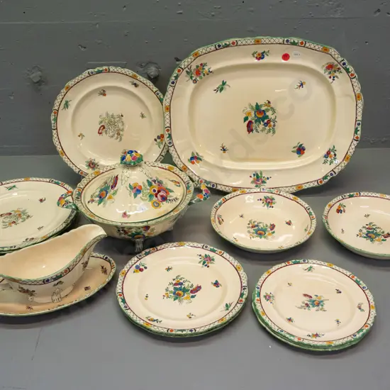 vintage Masons ironstone table ware - cream with pink and green floral: ashett, lidded vegetable dish, 8 assorted plates