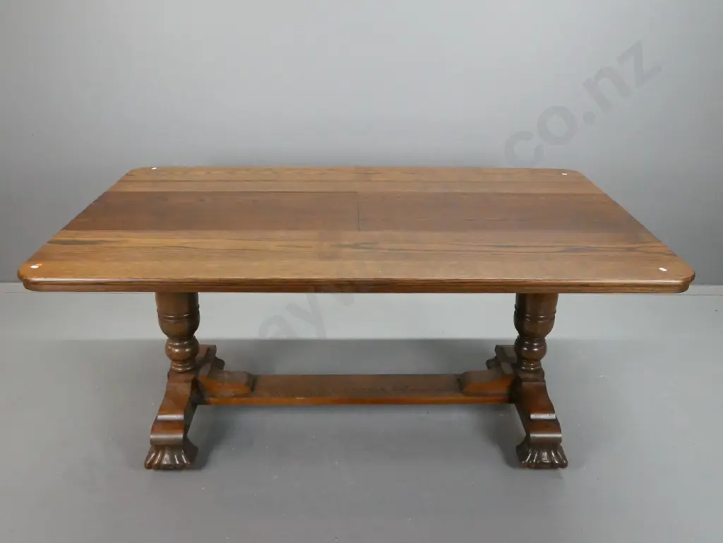 oak extending refectory-based dining table & 4 tooled leather backed chairs, with brass studded edging. Image 1++
