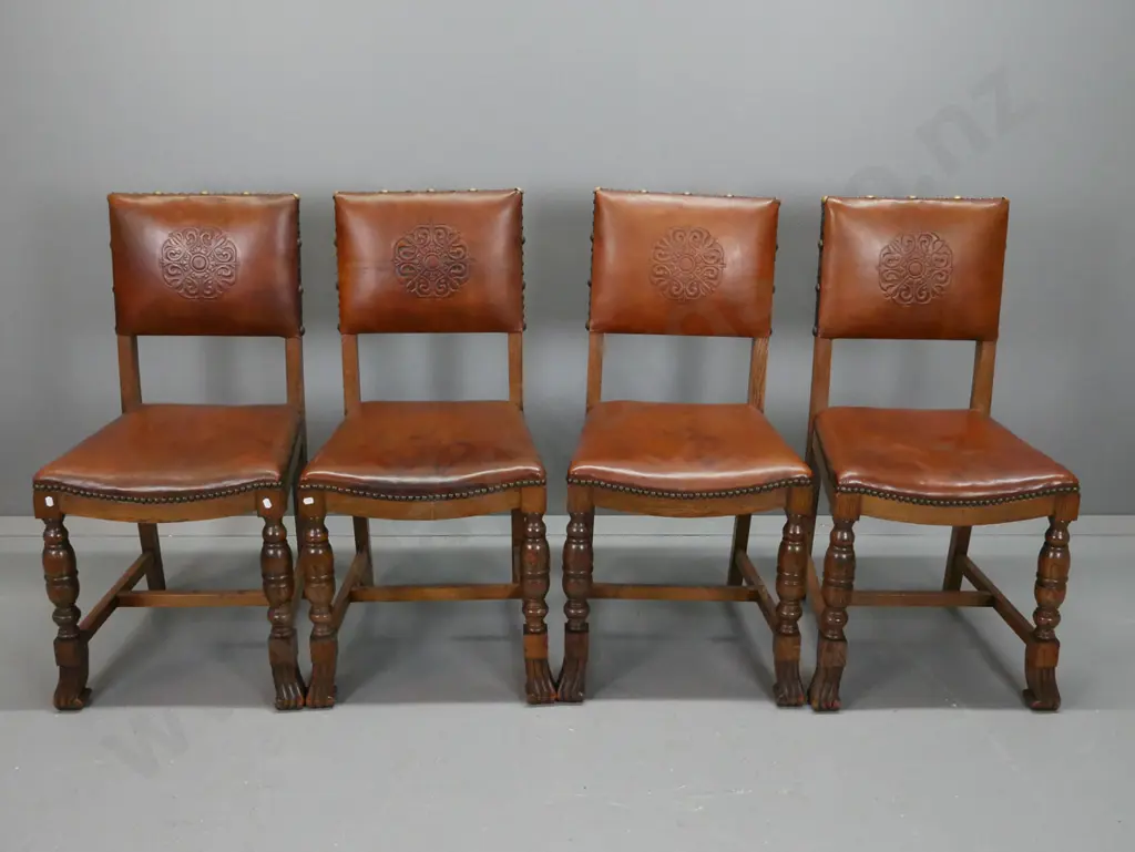 oak extending refectory-based dining table & 4 tooled leather backed chairs, with brass studded edging. Image 1++