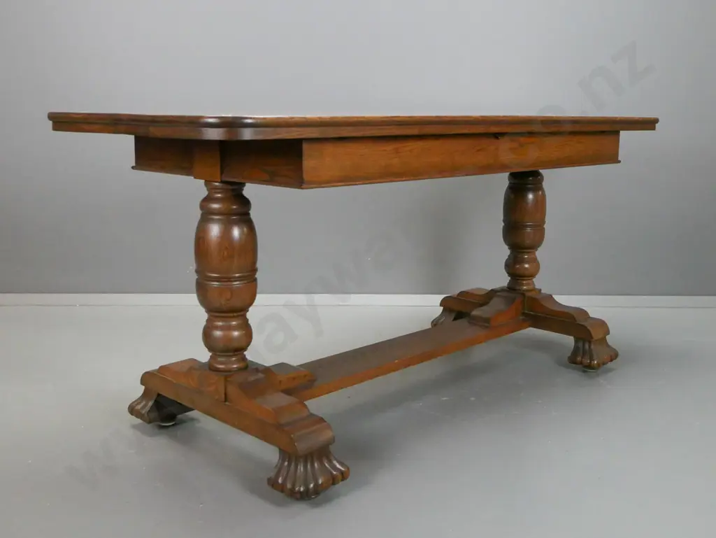 oak extending refectory-based dining table & 4 tooled leather backed chairs, with brass studded edging. Image 1++