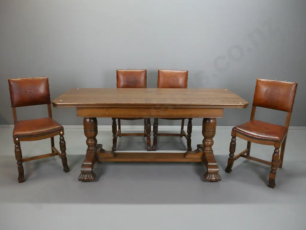 oak extending refectory-based dining table & 4 tooled leather backed chairs, with brass studded edging. Image 1++