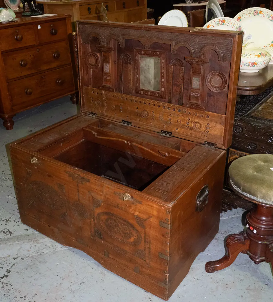 large Indian dowry chest or damchiya with carved fitted interior lidded compartments, glazed frames & mirror, brass Image 1++