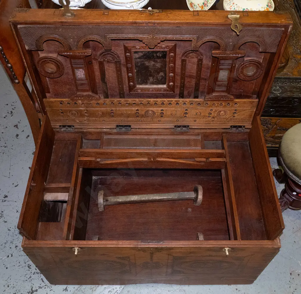 large Indian dowry chest or damchiya with carved fitted interior lidded compartments, glazed frames & mirror, brass Image 1++
