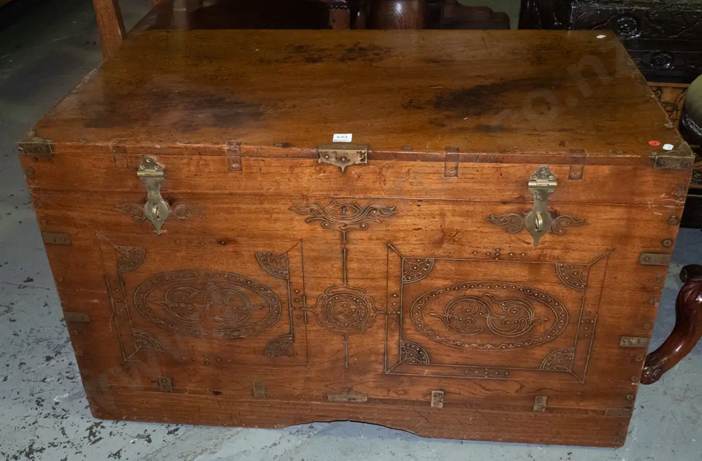 large Indian dowry chest or damchiya with carved fitted interior lidded compartments, glazed frames & mirror, brass Image 1++