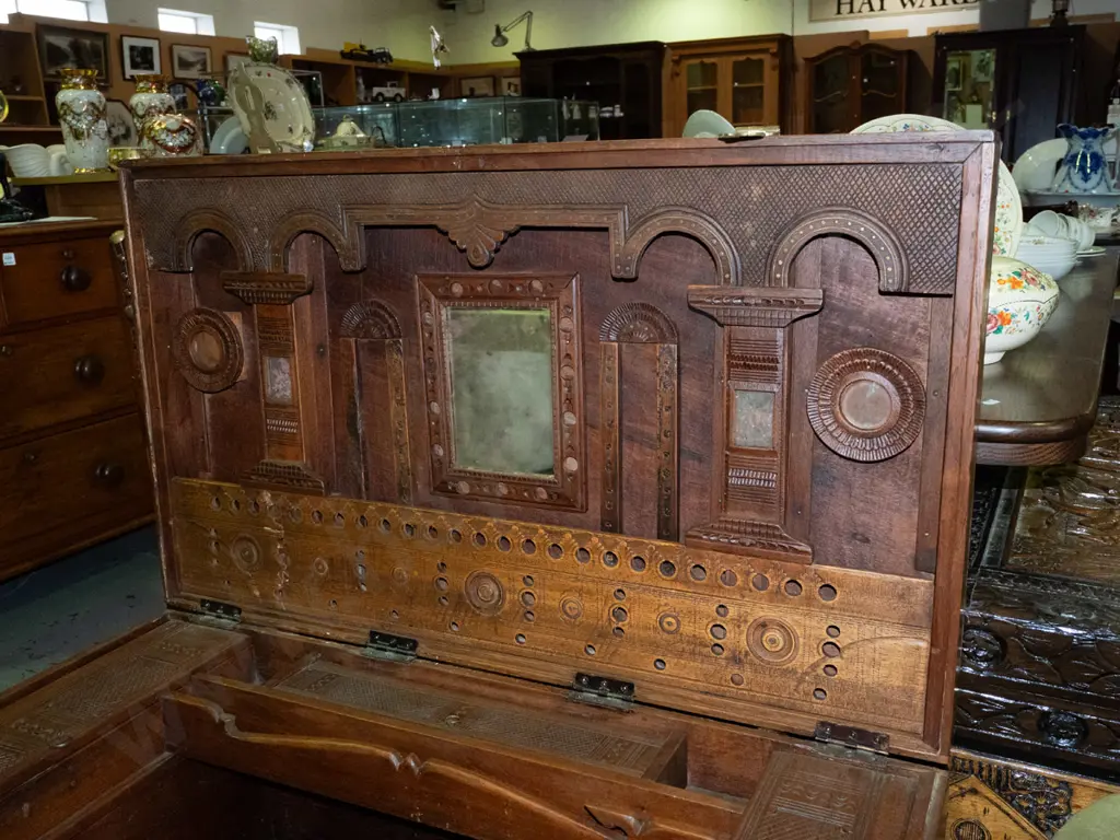 large Indian dowry chest or damchiya with carved fitted interior lidded compartments, glazed frames & mirror, brass Image 1++