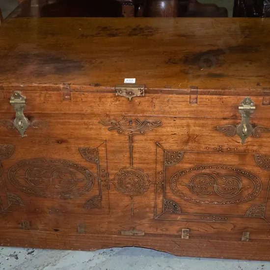 large Indian dowry chest or damchiya with carved fitted interior lidded compartments, glazed frames & mirror, brass