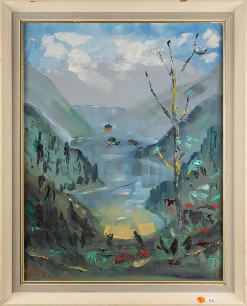 Ray Ramage 1977 - Framed oil on board "Manapouri" H-450 W-345 [slight damage to frame] Image 1++