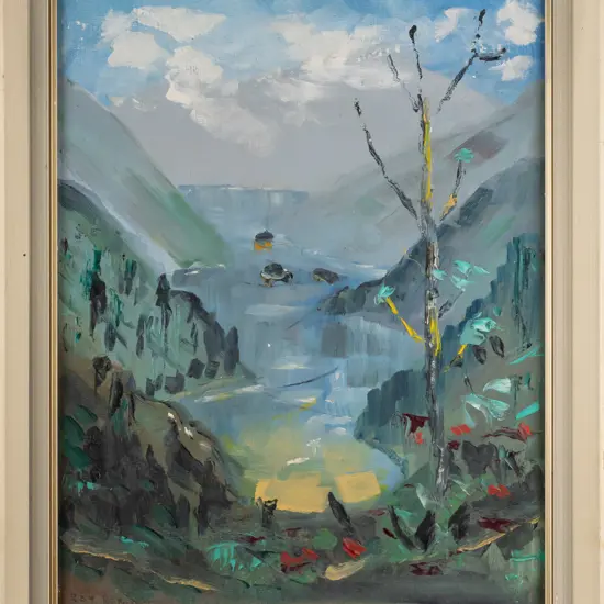Ray Ramage 1977 - Framed oil on board "Manapouri" H-450 W-345 [slight damage to frame]