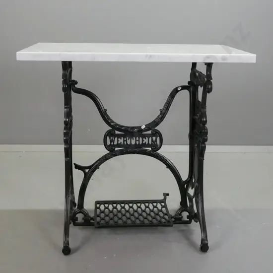 vintage cast iron Wertheim sewing machine base with unattached marble table top H-790 W-830 D-480