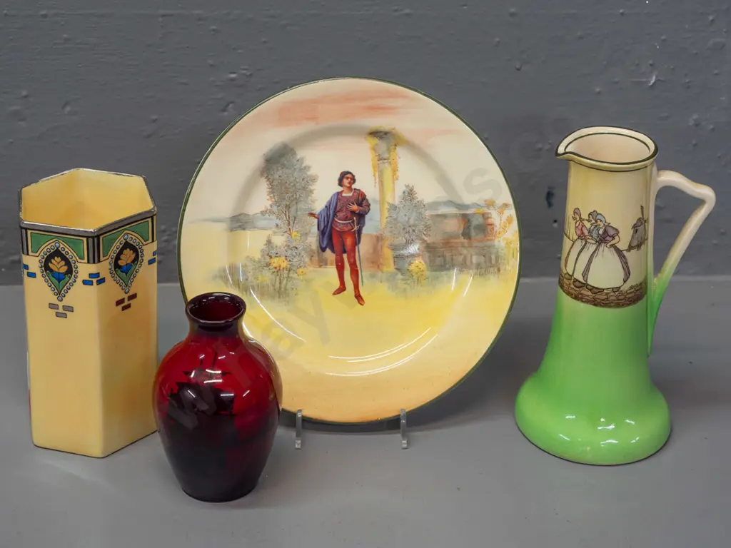 4 pieces of vintage Royal Doulton - Romeo plate, small flambe vase with sailing ship, Dutch scene jug and a hexagonal Image 1++