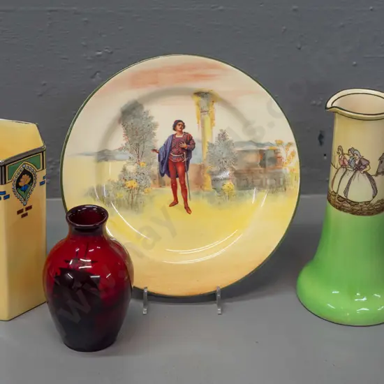 4 pieces of vintage Royal Doulton - Romeo plate, small flambe vase with sailing ship, Dutch scene jug and a hexagonal