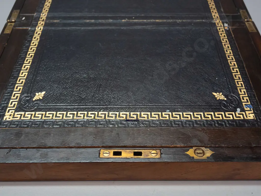 Victorian walnut writing box with brass strapping and corners, escutcheon and blank cartouche, tooled writing surface, Image 1++