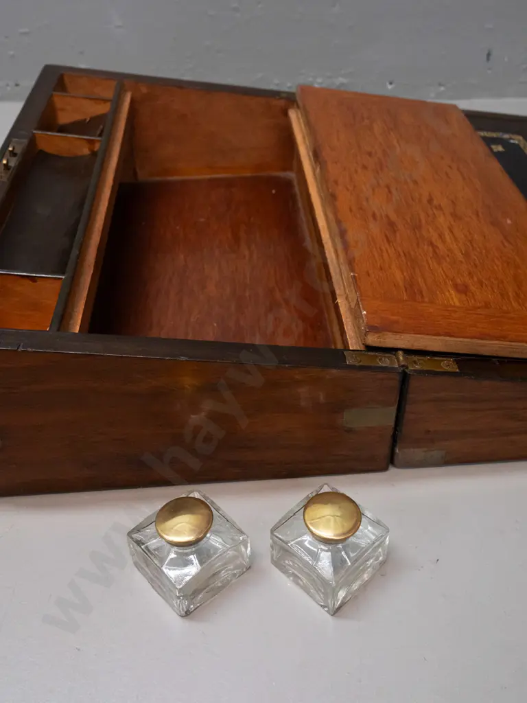 Victorian walnut writing box with brass strapping and corners, escutcheon and blank cartouche, tooled writing surface, Image 1++